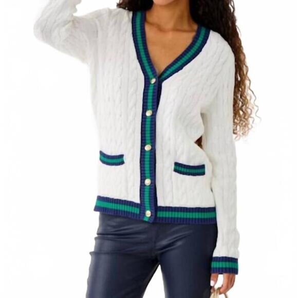 NWT Lilly Pulitzer Brockton V-Neck Cardigan in Coconut X Fiddle Leaf Green Small - Picture 2 of 5